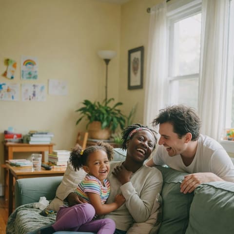 Parents and their young child laughing together candidly on a couch in a bright